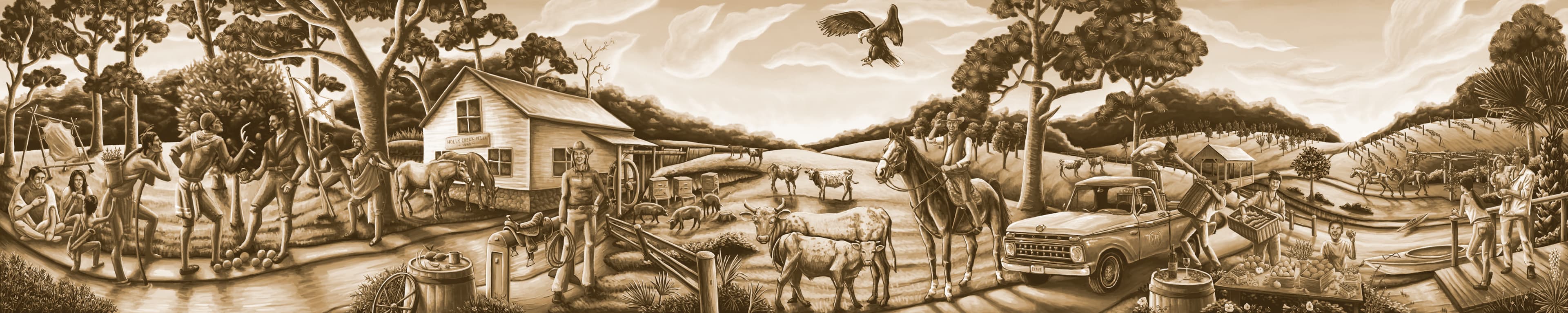 A sepia timeline mural of River Woods Ranch history — Native Americans, settlers, cowboys, cattle, and vineyards